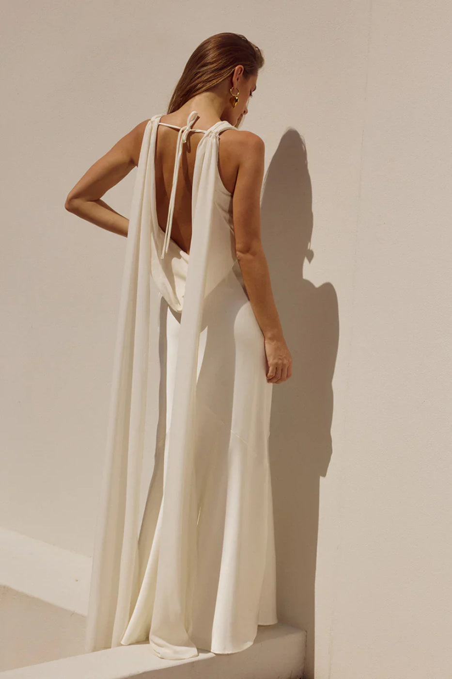 Back view, Runaway The Label Gabriella Ivory cowl maxi dress with chiffon back sashes