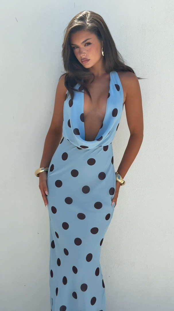 Lexie Low Plunge Halter Maxi Dress Sky Blue Polka Dot