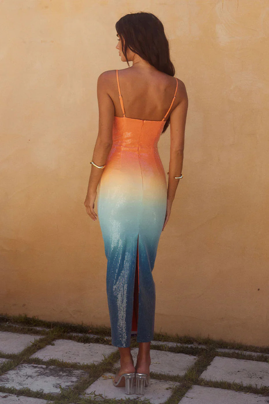 Back view, Runaway The Label Benito ombre sequin midi dress with centre back split